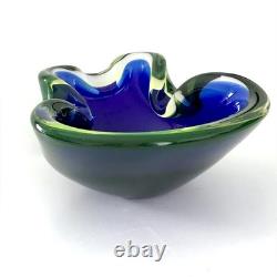 Vintage Murano Sommerso Art Glass Bowl Blue & Green Cased Hand Blown Dish Mid