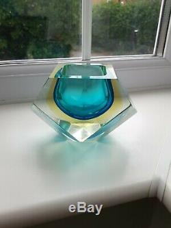 Vintage Murano Sommerso Art Glass Faceted Blue/ambe/Clear Mid-Century Geode bowl