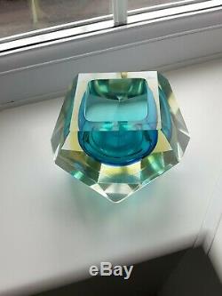 Vintage Murano Sommerso Art Glass Faceted Blue/ambe/Clear Mid-Century Geode bowl