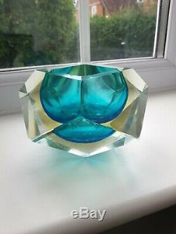 Vintage Murano Sommerso Art Glass Faceted Blue/ambe/Clear Mid-Century Geode bowl