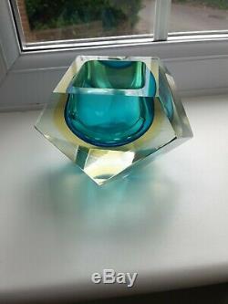 Vintage Murano Sommerso Art Glass Faceted Blue/ambe/Clear Mid-Century Geode bowl