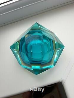 Vintage Murano Sommerso Art Glass Faceted Blue/ambe/Clear Mid-Century Geode bowl