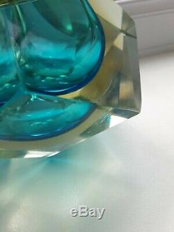 Vintage Murano Sommerso Art Glass Faceted Blue/ambe/Clear Mid-Century Geode bowl