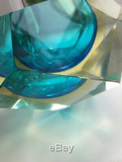 Vintage Murano Sommerso Art Glass Faceted Blue/ambe/Clear Mid-Century Geode bowl