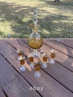 Vintage Murano Style Amber Glass Decanter Set Hand-blown, Stopper And 6 Glasses