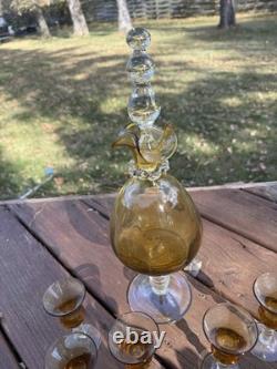 Vintage Murano Style Amber Glass Decanter Set Hand-blown, Stopper And 6 Glasses