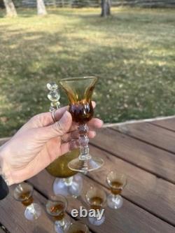 Vintage Murano Style Amber Glass Decanter Set Hand-blown, Stopper And 6 Glasses
