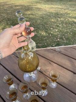 Vintage Murano Style Amber Glass Decanter Set Hand-blown, Stopper And 6 Glasses