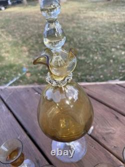 Vintage Murano Style Amber Glass Decanter Set Hand-blown, Stopper And 6 Glasses