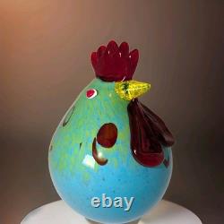 Vintage Murano Style Art Glass Fat Rooster Hand Blown Blue Green Open Pontil MCM