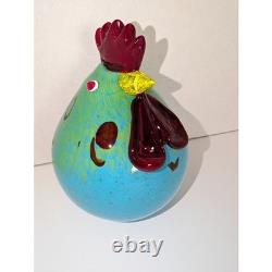 Vintage Murano Style Art Glass Fat Rooster Hand Blown Blue Green Open Pontil MCM