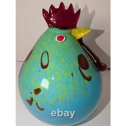 Vintage Murano Style Art Glass Fat Rooster Hand Blown Blue Green Open Pontil MCM