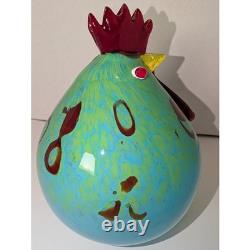 Vintage Murano Style Art Glass Fat Rooster Hand Blown Blue Green Open Pontil MCM