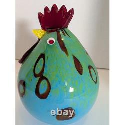 Vintage Murano Style Art Glass Fat Rooster Hand Blown Blue Green Open Pontil MCM