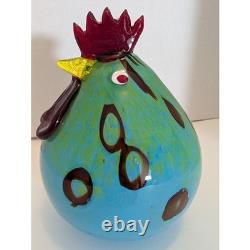 Vintage Murano Style Art Glass Fat Rooster Hand Blown Blue Green Open Pontil MCM