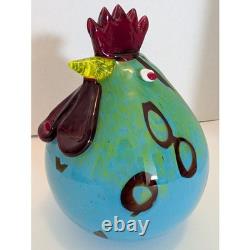 Vintage Murano Style Art Glass Fat Rooster Hand Blown Blue Green Open Pontil MCM