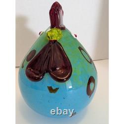 Vintage Murano Style Art Glass Fat Rooster Hand Blown Blue Green Open Pontil MCM