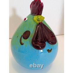 Vintage Murano Style Art Glass Fat Rooster Hand Blown Blue Green Open Pontil MCM