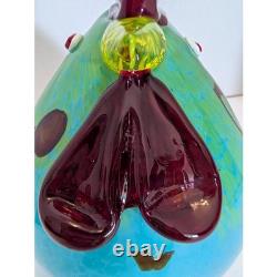 Vintage Murano Style Art Glass Fat Rooster Hand Blown Blue Green Open Pontil MCM