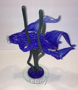 Vintage Murano Style Art Glass Hand Blown Large Blue Tropical Fish Sculpture