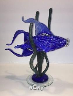 Vintage Murano Style Art Glass Hand Blown Large Blue Tropical Fish Sculpture