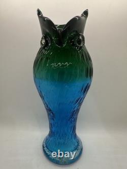Vintage Murano Style Art Glass Owl Vase Blue Green Hand Blown 11
