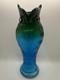 Vintage Murano Style Art Glass Owl Vase Blue Green Hand Blown 11