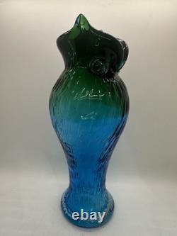 Vintage Murano Style Art Glass Owl Vase Blue Green Hand Blown 11