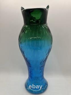 Vintage Murano Style Art Glass Owl Vase Blue Green Hand Blown 11