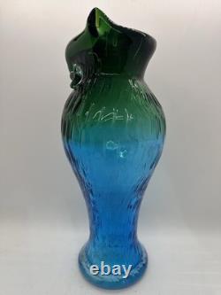 Vintage Murano Style Art Glass Owl Vase Blue Green Hand Blown 11