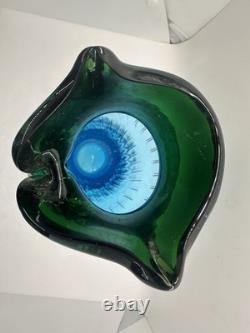 Vintage Murano Style Art Glass Owl Vase Blue Green Hand Blown 11