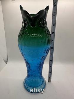 Vintage Murano Style Art Glass Owl Vase Blue Green Hand Blown 11