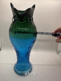 Vintage Murano Style Art Glass Owl Vase Blue Green Hand Blown 11