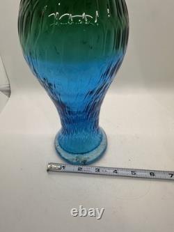 Vintage Murano Style Art Glass Owl Vase Blue Green Hand Blown 11