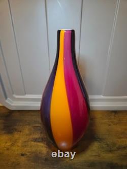 Vintage Murano Style Art Glass Vase Pair MCM Hand Blown Colorful Ribbon Stripe