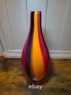 Vintage Murano Style Art Glass Vase Pair MCM Hand Blown Colorful Ribbon Stripe