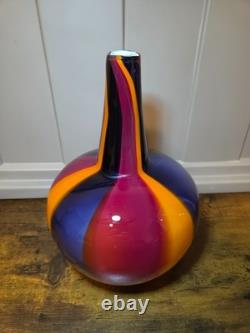 Vintage Murano Style Art Glass Vase Pair MCM Hand Blown Colorful Ribbon Stripe