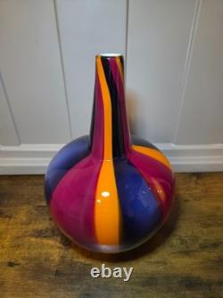 Vintage Murano Style Art Glass Vase Pair MCM Hand Blown Colorful Ribbon Stripe