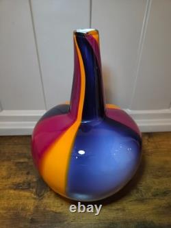 Vintage Murano Style Art Glass Vase Pair MCM Hand Blown Colorful Ribbon Stripe