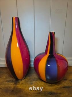 Vintage Murano Style Art Glass Vase Pair MCM Hand Blown Colorful Ribbon Stripe