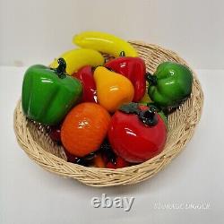 Vintage Murano Style Hand Blown Art Glass Fruit And Vegetable With Basket 18 pc