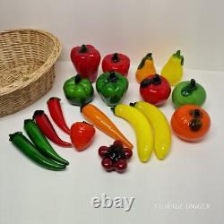 Vintage Murano Style Hand Blown Art Glass Fruit And Vegetable With Basket 18 pc