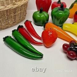Vintage Murano Style Hand Blown Art Glass Fruit And Vegetable With Basket 18 pc