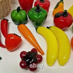 Vintage Murano Style Hand Blown Art Glass Fruit And Vegetable With Basket 18 pc