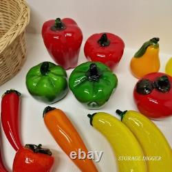 Vintage Murano Style Hand Blown Art Glass Fruit And Vegetable With Basket 18 pc