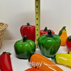Vintage Murano Style Hand Blown Art Glass Fruit And Vegetable With Basket 18 pc