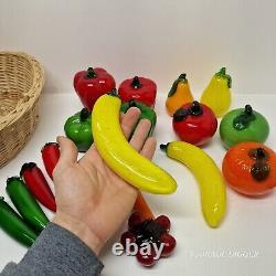 Vintage Murano Style Hand Blown Art Glass Fruit And Vegetable With Basket 18 pc