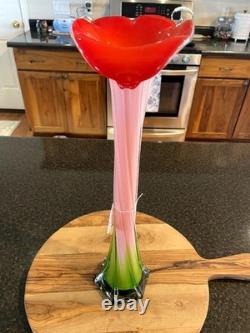 Vintage Murano-Style Hand-Blown Calla Lily Vase, 16 Tall Ribbed Glass, EUC