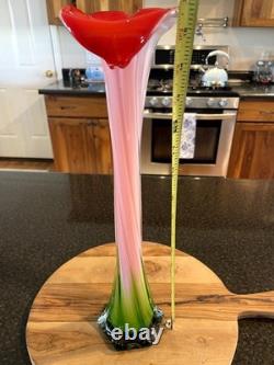 Vintage Murano-Style Hand-Blown Calla Lily Vase, 16 Tall Ribbed Glass, EUC