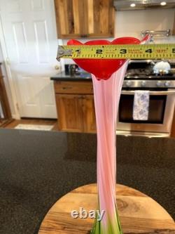 Vintage Murano-Style Hand-Blown Calla Lily Vase, 16 Tall Ribbed Glass, EUC